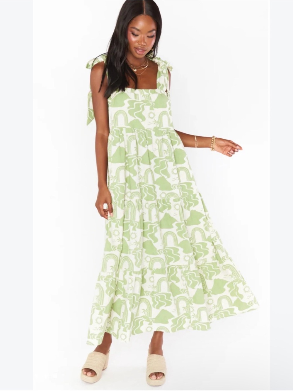 Show Me Your Mumu Tie-Shoulder Green Print Tropical Rainbow Maxi Dress G7